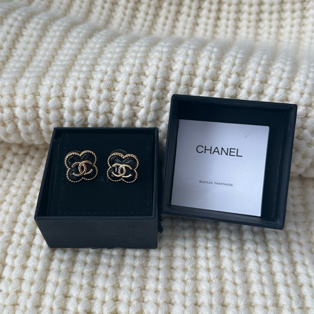 CHANEL Gold and Black Floral Earrings